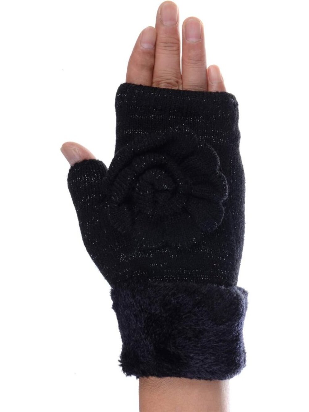 Women's Black Rose Shimmer Winter Fingerless Fleece Lined Assorted Knit Gloves